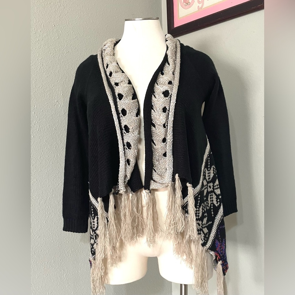 Boston Proper Black and Cream Cardigan with Fringe